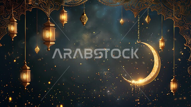 Distinctive accessories and decorations, Muslims' joy at the arrival of the month of goodness, modern design of lanterns and traditional artifacts, lighting decorative metal lamps with the crescent, the arrival of the holy month of Ramadan, the concept of celebrating Islamic religious occasions and holidays