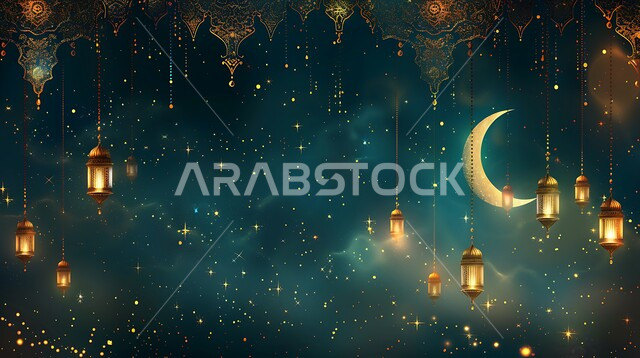 زينة وفوانيس عربية معدنية تقليدية مزخرفة مضاءة مع الهلال، الأجواء الرمضانية الروحانية، مصابيح و تحف تقليدية للاحتفال بقدوم شهر الخير، المناسبات والأعياد الدينية الإسلامية في المملكة العربية السعودية