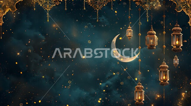 مفهوم الاحتفال بالمناسبات والأعياد الدينية الاسلامية، اكسسوارت وزينة متميزة، فرحة المسلمين بقدوم شهرالخير، التصميم العصري للفوانيس والتحف التقليدية, إضاءة المصابيح المعدنية المزخرفة مع الهلال، قدوم شهر رمضان المبارك