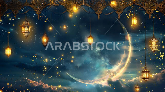 مناسبات دينية اسلامية، هلال وزينة شهر رمضان المبارك، مجموعه من الفوانيس المعلقة العربية المعدنية المزخرفة المضيئة، أنوار ذهبية وديكورات في الأجواء الرمضانية الروحانية، الاحتفال بقدوم شهر الخير، الفن الاسلامي للتحف والاكسسوارات