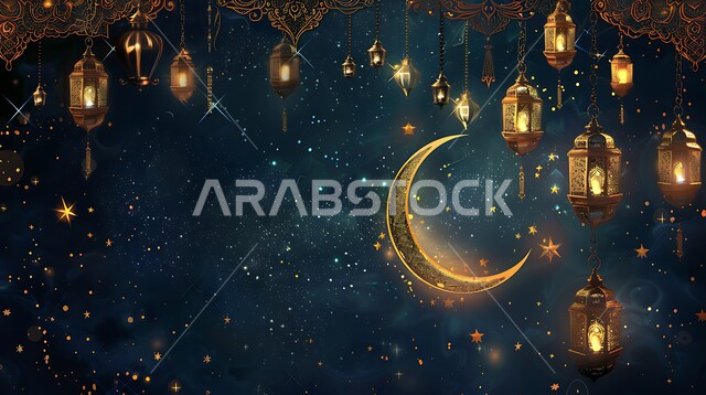 أنوار ذهبية وديكورات في الأجواء الرمضانية الروحانية, الاحتفال بقدوم شهر الخير، الفن الاسلامي للتحف والاكسسوارات، مناسبات دينية اسلامية، هلال وزينة شهر رمضان المبارك، مجموعه من الفوانيس المعلقة العربية المعدنية المزخرفة المضيئة