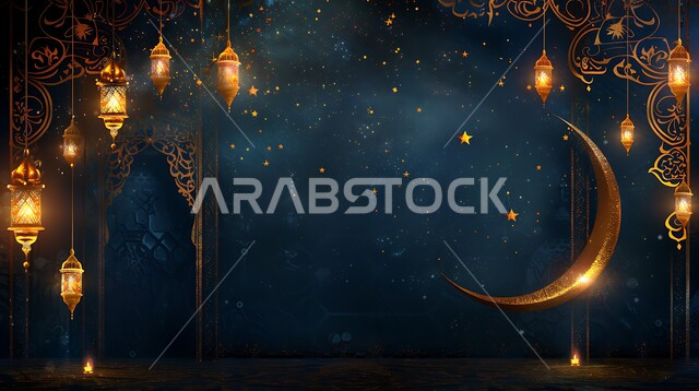 The arrival of the holy month of Ramadan, the concept of celebrating Islamic religious occasions and holidays, distinctive accessories and decorations, the joy of Muslims with the arrival of the month of goodness, the modern design of lanterns and traditional artifacts, lighting decorative metal lamps with the crescent moon