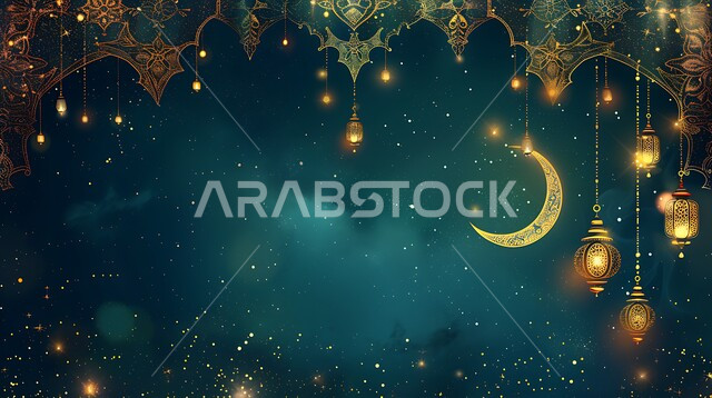 المناسبات والأعياد الدينية الإسلامية في المملكة العربية السعودية, زينة وفوانيس عربية معدنية تقليدية مزخرفة مضاءة مع الهلال، الأجواء الرمضانية الروحانية، مصابيح و تحف تقليدية للاحتفال بقدوم شهر الخير