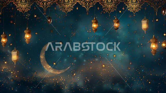 أنوار ذهبية وديكورات في الأجواء الرمضانية الروحانية, الاحتفال بقدوم شهر الخير، الفن الاسلامي للتحف والاكسسوارات، مناسبات دينية اسلامية، هلال وزينة شهر رمضان المبارك، مجموعه من الفوانيس المعلقة العربية المعدنية المزخرفة المضيئة