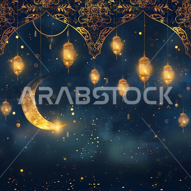 مجموعه من الفوانيس المعلقة العربية المعدنية المزخرفة المضيئة، ديكورات وأنوار ذهبية في الأجواء الرمضانية الروحانية, الاحتفال بقدوم شهر الخير، الفن الاسلامي للتحف والاكسسوارات، مناسبات دينية اسلامية، هلال وزينة شهر رمضان المبارك
