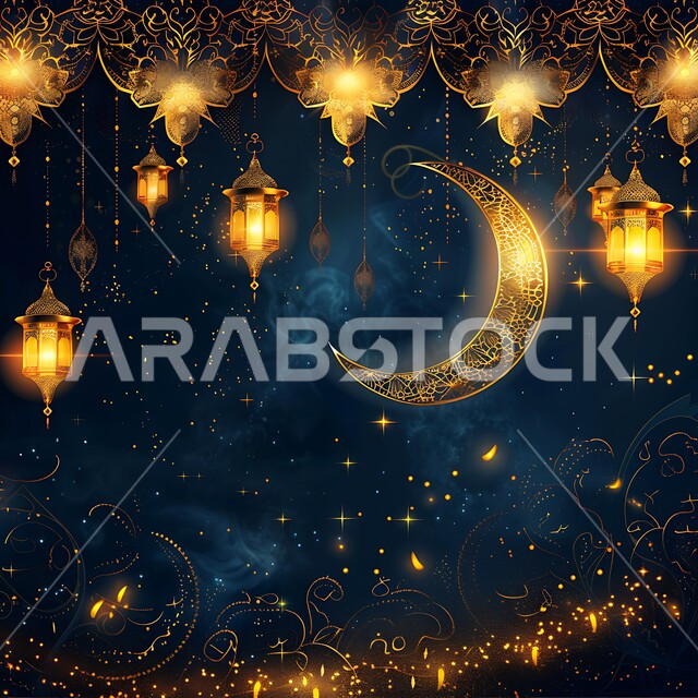 المناسبات والأعياد الدينية الإسلامية في المملكة العربية السعودية, زينة وفوانيس عربية معدنية تقليدية مزخرفة مضاءة مع الهلال، الأجواء الرمضانية الروحانية، مصابيح و تحف تقليدية للاحتفال بقدوم شهر الخير