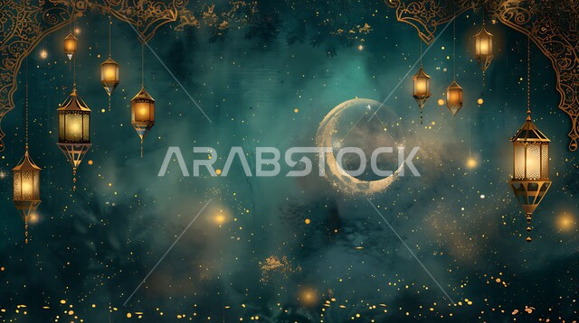 فرحة المسلمين بقدوم شهرالخير، التصميم العصري للفوانيس والتحف التقليدية, إضاءة المصابيح المعدنية المزخرفة مع الهلال، قدوم شهر رمضان المبارك، مفهوم الاحتفال بالمناسبات والأعياد الدينية الاسلامية، اكسسوارت وزينة متميزة