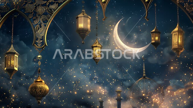 Traditional Arabic Metal Lanterns and Ornaments Illuminated with Crescent Moon, Spiritual Ramadan Atmosphere, Traditional Lamps and Artifacts to Celebrate the Coming of the Month of Goodness, Islamic Religious Occasions and Holidays in Saudi Arabia