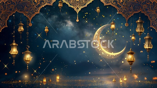 مناسبات دينية اسلامية، هلال وزينة شهر رمضان المبارك، مجموعه من الفوانيس المعلقة العربية المعدنية المزخرفة المضيئة، أنوار ذهبية وديكورات في الأجواء الرمضانية الروحانية، الاحتفال بقدوم شهر الخير، الفن الاسلامي للتحف والاكسسوارات