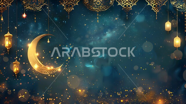 A collection of Arabic hanging lanterns decorated with lights, golden decorations and lights in the spiritual Ramadan atmosphere, celebrating the coming of the month of goodness, Islamic art for antiques and accessories, Islamic religious occasions, crescent moon and decorations for the blessed month of Ramadan