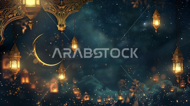 أنوار ذهبية وديكورات في الأجواء الرمضانية الروحانية, الاحتفال بقدوم شهر الخير، الفن الاسلامي للتحف والاكسسوارات، مناسبات دينية اسلامية، هلال وزينة شهر رمضان المبارك، مجموعه من الفوانيس المعلقة العربية المعدنية المزخرفة المضيئة