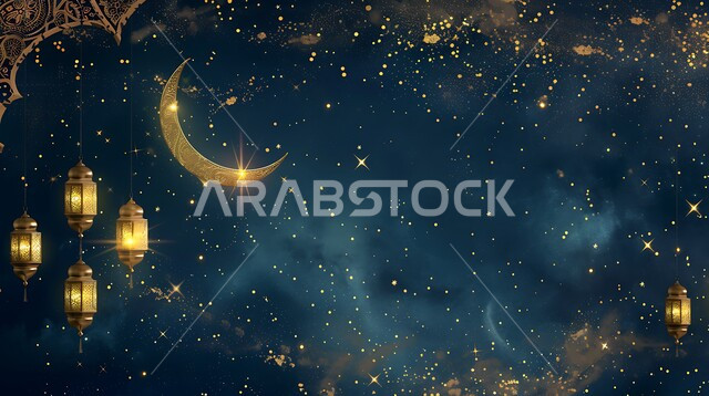 اكسسوارت وزينة متميزة، فرحة المسلمين بقدوم شهرالخير، التصميم العصري للفوانيس والتحف التقليدية, إضاءة المصابيح المعدنية المزخرفة مع الهلال، قدوم شهر رمضان المبارك، مفهوم الاحتفال بالمناسبات والأعياد الدينية الاسلامية