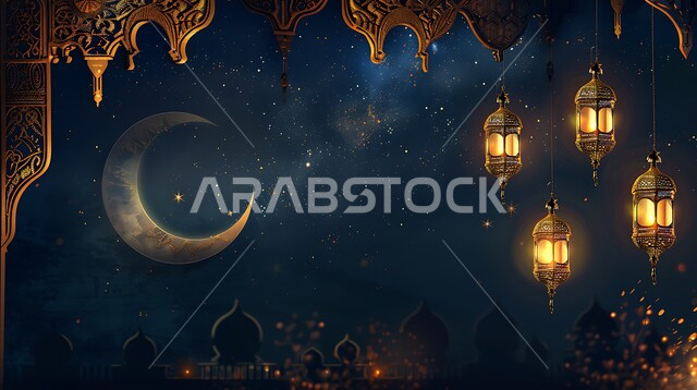 الاحتفال بقدوم شهر الخير، الفن الاسلامي للتحف والاكسسوارات، مناسبات دينية اسلامية، هلال وزينة شهر رمضان المبارك، مجموعه من الفوانيس المعلقة العربية المعدنية المزخرفة المضيئة، أنوار ذهبية وديكورات في الأجواء الرمضانية الروحانية