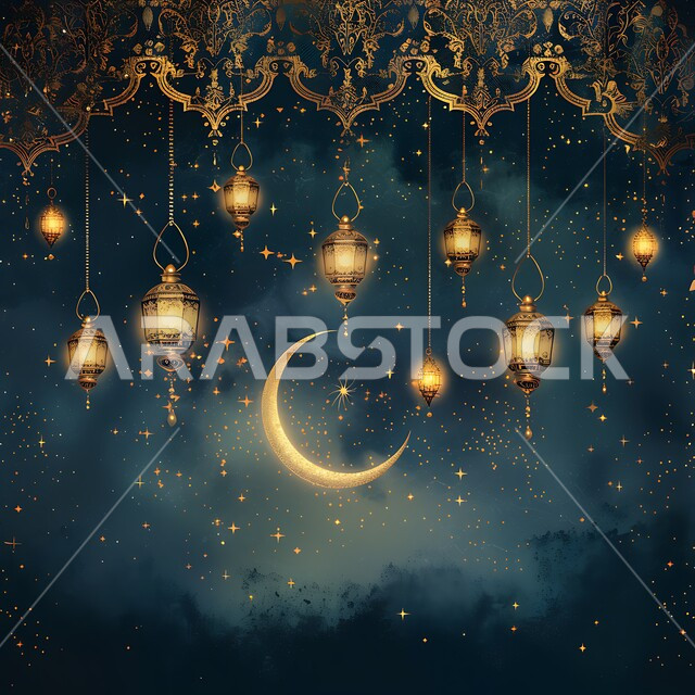 الفن الاسلامي للتحف والاكسسوارات، مناسبات دينية اسلامية، هلال وزينة شهر رمضان المبارك، مجموعه من الفوانيس المعلقة العربية المعدنية المزخرفة المضيئة، أنوار ذهبية وديكورات في الأجواء الرمضانية الروحانية، الاحتفال بقدوم شهر الخير