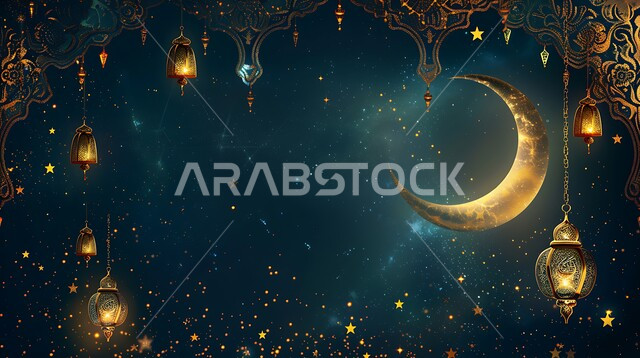 Islamic religious occasions and holidays in Saudi Arabia, Traditional Arabic metal lanterns and decorations decorated with the crescent moon, Spiritual Ramadan atmosphere, Traditional lamps and artifacts to celebrate the arrival of the month of goodness