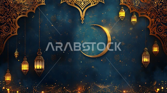 قدوم شهر رمضان المبارك, مفهوم الاحتفال بالمناسبات والأعياد الدينية الاسلامية، اكسسوارت وزينة متميزة، فرحة المسلمين بقدوم شهرالخير، التصميم العصري للفوانيس والتحف التقليدية, إضاءة المصابيح المعدنية المزخرفة مع الهلال