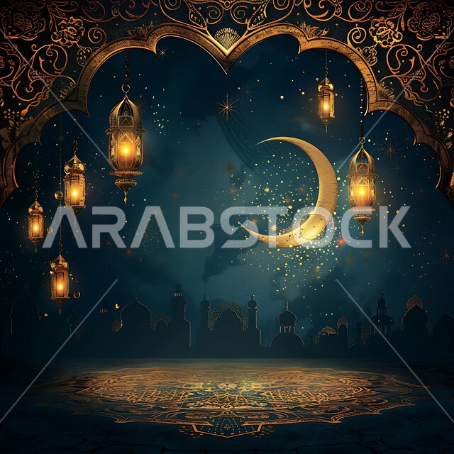 أنوار ذهبية وديكورات في الأجواء الرمضانية الروحانية, الاحتفال بقدوم شهر الخير، الفن الاسلامي للتحف والاكسسوارات، مناسبات دينية اسلامية، هلال وزينة شهر رمضان المبارك، مجموعه من الفوانيس المعلقة العربية المعدنية المزخرفة المضيئة