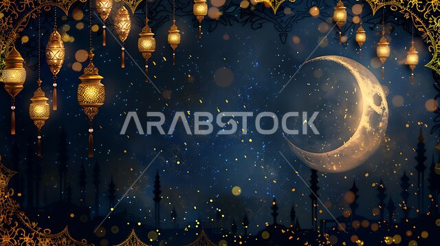 مجموعه من الفوانيس المعلقة العربية المعدنية المزخرفة المضيئة، ديكورات وأنوار ذهبية في الأجواء الرمضانية الروحانية, الاحتفال بقدوم شهر الخير، الفن الاسلامي للتحف والاكسسوارات، مناسبات دينية اسلامية، هلال وزينة شهر رمضان المبارك