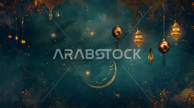 مناسبات دينية اسلامية، هلال وزينة شهر رمضان المبارك، مجموعه من الفوانيس المعلقة العربية المعدنية المزخرفة المضيئة، أنوار ذهبية وديكورات في الأجواء الرمضانية الروحانية، الاحتفال بقدوم شهر الخير، الفن الاسلامي للتحف والاكسسوارات