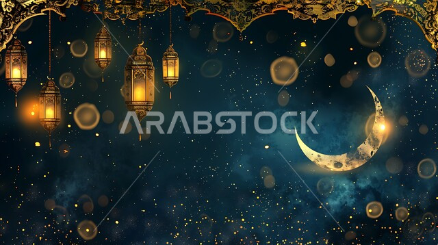 الاحتفال بقدوم شهر الخير، الفن الاسلامي للتحف والاكسسوارات، مناسبات دينية اسلامية، هلال وزينة شهر رمضان المبارك، مجموعه من الفوانيس المعلقة العربية المعدنية المزخرفة المضيئة، أنوار ذهبية وديكورات في الأجواء الرمضانية الروحانية