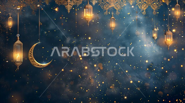 المناسبات والأعياد الدينية الإسلامية في المملكة العربية السعودية, زينة وفوانيس عربية معدنية تقليدية مزخرفة مضاءة مع الهلال، الأجواء الرمضانية الروحانية، مصابيح و تحف تقليدية للاحتفال بقدوم شهر الخير