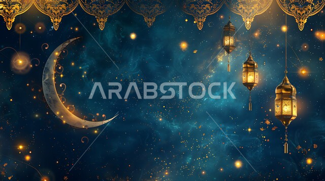 زينة وفوانيس عربية معدنية تقليدية مزخرفة مضاءة مع الهلال، الأجواء الرمضانية الروحانية، مصابيح و تحف تقليدية للاحتفال بقدوم شهر الخير، المناسبات والأعياد الدينية الإسلامية في المملكة العربية السعودية