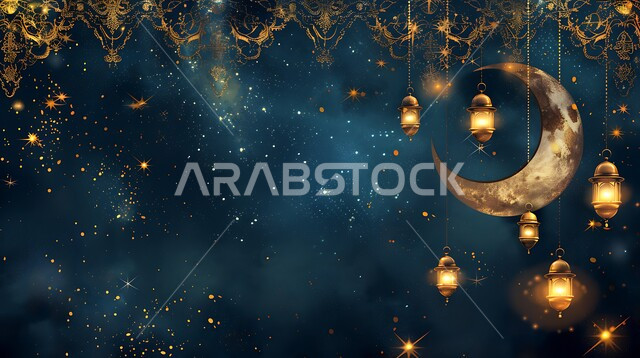 مناسبات دينية اسلامية، هلال وزينة شهر رمضان المبارك، مجموعه من الفوانيس المعلقة العربية المعدنية المزخرفة المضيئة، أنوار ذهبية وديكورات في الأجواء الرمضانية الروحانية، الاحتفال بقدوم شهر الخير، الفن الاسلامي للتحف والاكسسوارات