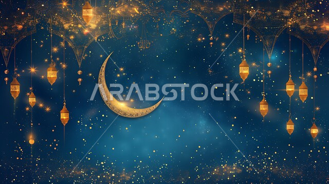 أنوار ذهبية وديكورات في الأجواء الرمضانية الروحانية, الاحتفال بقدوم شهر الخير، الفن الاسلامي للتحف والاكسسوارات، مناسبات دينية اسلامية، هلال وزينة شهر رمضان المبارك، مجموعه من الفوانيس المعلقة العربية المعدنية المزخرفة المضيئة