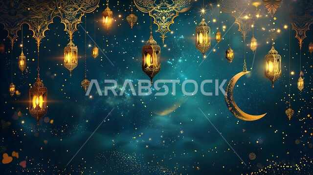 فرحة المسلمين بقدوم شهرالخير، التصميم العصري للفوانيس والتحف التقليدية, إضاءة المصابيح المعدنية المزخرفة مع الهلال، قدوم شهر رمضان المبارك، مفهوم الاحتفال بالمناسبات والأعياد الدينية الاسلامية، اكسسوارت وزينة متميزة