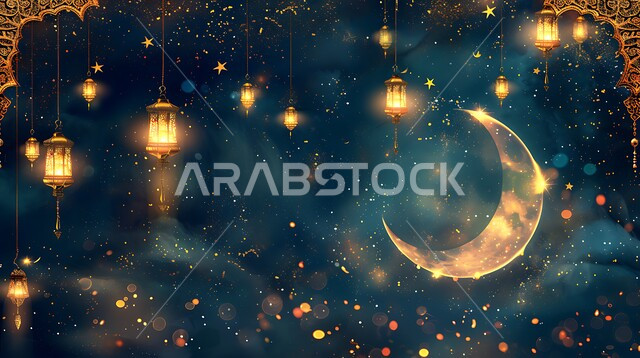 Celebrating the Coming of the Month of Goodness, Islamic Art of Artifacts and Accessories, Islamic Religious Occasions, Crescent Moon and Decorations of the Blessed Month of Ramadan, A Collection of Decorative Arabic Metal Hanging Lanterns Illuminated, Golden Lights and Decorations in the Spiritual Ramadan Atmosphere