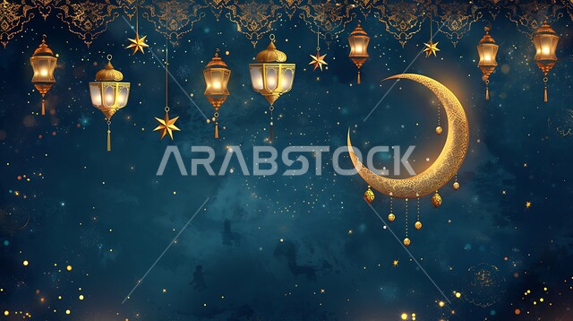 اكسسوارت وزينة متميزة، فرحة المسلمين بقدوم شهرالخير، التصميم العصري للفوانيس والتحف التقليدية, إضاءة المصابيح المعدنية المزخرفة مع الهلال، قدوم شهر رمضان المبارك، مفهوم الاحتفال بالمناسبات والأعياد الدينية الاسلامية