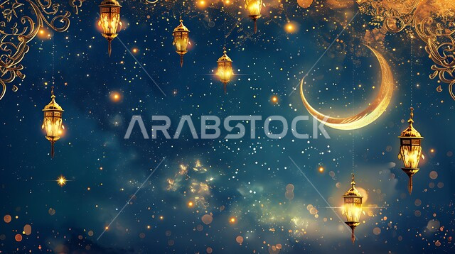 المناسبات والأعياد الدينية الإسلامية في المملكة العربية السعودية, زينة وفوانيس عربية معدنية تقليدية مزخرفة مضاءة مع الهلال، الأجواء الرمضانية الروحانية، مصابيح و تحف تقليدية للاحتفال بقدوم شهر الخير