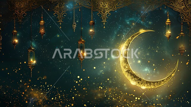 مناسبات دينية اسلامية، هلال وزينة شهر رمضان المبارك، مجموعه من الفوانيس المعلقة العربية المعدنية المزخرفة المضيئة، أنوار ذهبية وديكورات في الأجواء الرمضانية الروحانية، الاحتفال بقدوم شهر الخير، الفن الاسلامي للتحف والاكسسوارات