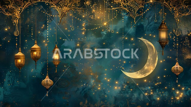 الفن الاسلامي للتحف والاكسسوارات، مناسبات دينية اسلامية، هلال وزينة شهر رمضان المبارك، مجموعه من الفوانيس المعلقة العربية المعدنية المزخرفة المضيئة، أنوار ذهبية وديكورات في الأجواء الرمضانية الروحانية، الاحتفال بقدوم شهر الخير