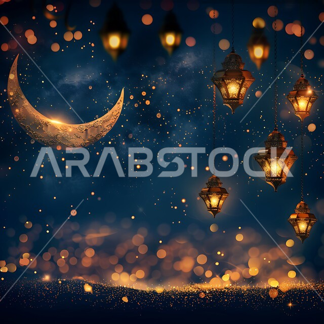 المناسبات والأعياد الدينية الإسلامية في المملكة العربية السعودية, زينة وفوانيس عربية معدنية تقليدية مزخرفة مضاءة مع الهلال، الأجواء الرمضانية الروحانية، مصابيح و تحف تقليدية للاحتفال بقدوم شهر الخير