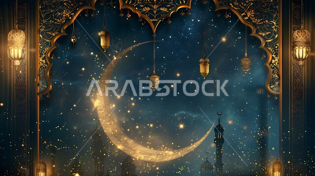 أنوار ذهبية وديكورات في الأجواء الرمضانية الروحانية, الاحتفال بقدوم شهر الخير، الفن الاسلامي للتحف والاكسسوارات، مناسبات دينية اسلامية، هلال وزينة شهر رمضان المبارك، مجموعه من الفوانيس المعلقة العربية المعدنية المزخرفة المضيئة