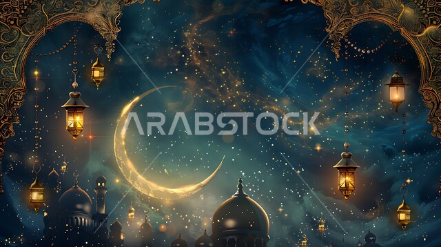 قدوم شهر رمضان المبارك, مفهوم الاحتفال بالمناسبات والأعياد الدينية الاسلامية، اكسسوارت وزينة متميزة، فرحة المسلمين بقدوم شهرالخير، التصميم العصري للفوانيس والتحف التقليدية, إضاءة المصابيح المعدنية المزخرفة مع الهلال