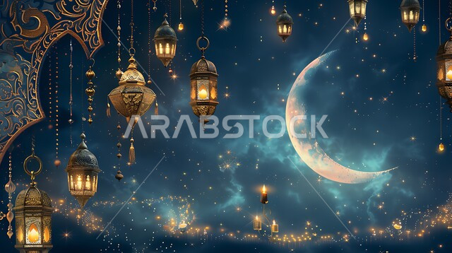 Islamic religious occasions and holidays in Saudi Arabia, Traditional Arabic metal lanterns and decorations decorated with the crescent moon, Spiritual Ramadan atmosphere, Traditional lamps and artifacts to celebrate the arrival of the month of goodness