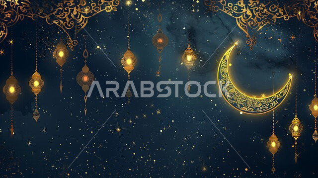 فرحة المسلمين بقدوم شهرالخير، التصميم العصري للفوانيس والتحف التقليدية, إضاءة المصابيح المعدنية المزخرفة مع الهلال، قدوم شهر رمضان المبارك، مفهوم الاحتفال بالمناسبات والأعياد الدينية الاسلامية، اكسسوارت وزينة متميزة