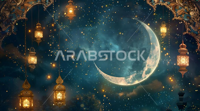مجموعه من الفوانيس المعلقة العربية المعدنية المزخرفة المضيئة، ديكورات وأنوار ذهبية في الأجواء الرمضانية الروحانية, الاحتفال بقدوم شهر الخير، الفن الاسلامي للتحف والاكسسوارات، مناسبات دينية اسلامية، هلال وزينة شهر رمضان المبارك