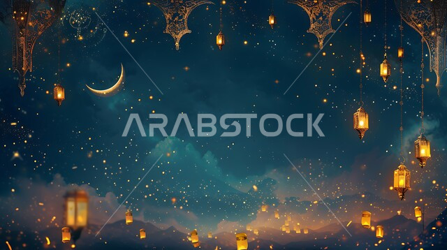 الاحتفال بقدوم شهر الخير، الفن الاسلامي للتحف والاكسسوارات، مناسبات دينية اسلامية، هلال وزينة شهر رمضان المبارك، مجموعه من الفوانيس المعلقة العربية المعدنية المزخرفة المضيئة، أنوار ذهبية وديكورات في الأجواء الرمضانية الروحانية