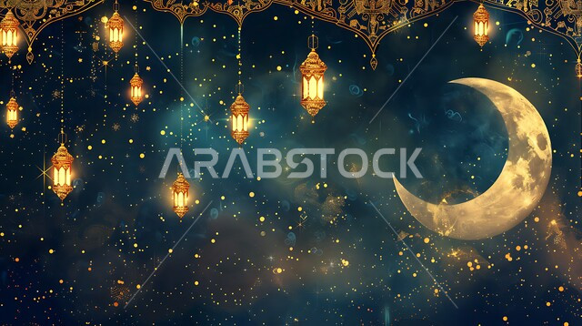 أنوار ذهبية وديكورات في الأجواء الرمضانية الروحانية, الاحتفال بقدوم شهر الخير، الفن الاسلامي للتحف والاكسسوارات، مناسبات دينية اسلامية، هلال وزينة شهر رمضان المبارك، مجموعه من الفوانيس المعلقة العربية المعدنية المزخرفة المضيئة