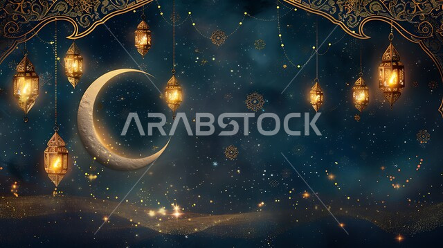 المناسبات والأعياد الدينية الإسلامية في المملكة العربية السعودية, زينة وفوانيس عربية معدنية تقليدية مزخرفة مضاءة مع الهلال، الأجواء الرمضانية الروحانية، مصابيح و تحف تقليدية للاحتفال بقدوم شهر الخير