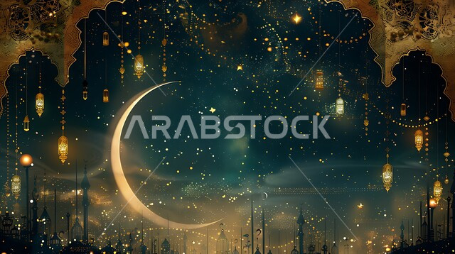 فرحة المسلمين بقدوم شهرالخير، التصميم العصري للفوانيس والتحف التقليدية, إضاءة المصابيح المعدنية المزخرفة مع الهلال، قدوم شهر رمضان المبارك، مفهوم الاحتفال بالمناسبات والأعياد الدينية الاسلامية، اكسسوارت وزينة متميزة