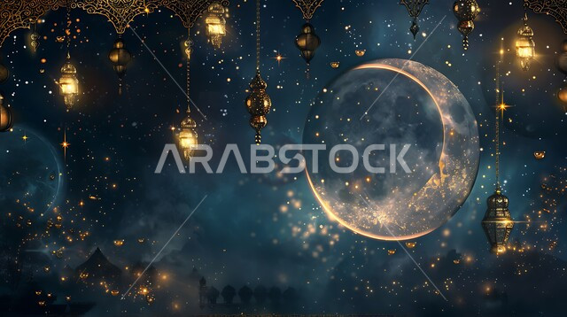 الفن الاسلامي للتحف والاكسسوارات، مناسبات دينية اسلامية، هلال وزينة شهر رمضان المبارك، مجموعه من الفوانيس المعلقة العربية المعدنية المزخرفة المضيئة، أنوار ذهبية وديكورات في الأجواء الرمضانية الروحانية، الاحتفال بقدوم شهر الخير