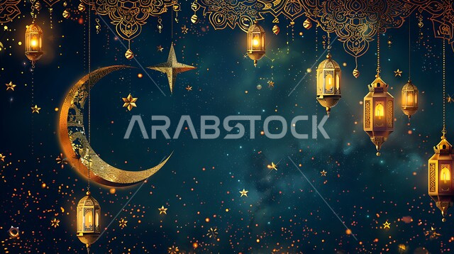 مجموعه من الفوانيس المعلقة العربية المعدنية المزخرفة المضيئة، ديكورات وأنوار ذهبية في الأجواء الرمضانية الروحانية, الاحتفال بقدوم شهر الخير، الفن الاسلامي للتحف والاكسسوارات، مناسبات دينية اسلامية، هلال وزينة شهر رمضان المبارك