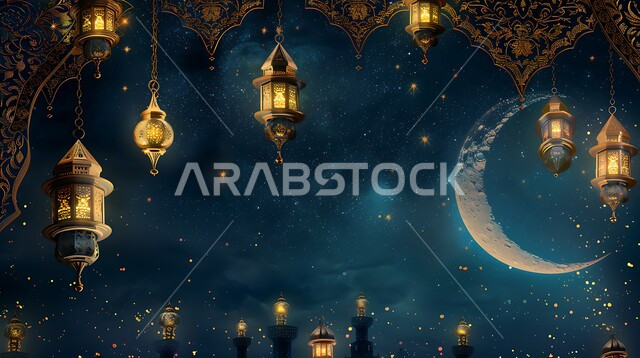 اكسسوارت وزينة متميزة، فرحة المسلمين بقدوم شهرالخير، التصميم العصري للفوانيس والتحف التقليدية, إضاءة المصابيح المعدنية المزخرفة مع الهلال، قدوم شهر رمضان المبارك، مفهوم الاحتفال بالمناسبات والأعياد الدينية الاسلامية