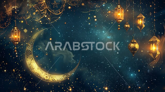 مناسبات دينية اسلامية، هلال وزينة شهر رمضان المبارك، مجموعه من الفوانيس المعلقة العربية المعدنية المزخرفة المضيئة، أنوار ذهبية وديكورات في الأجواء الرمضانية الروحانية، الاحتفال بقدوم شهر الخير، الفن الاسلامي للتحف والاكسسوارات