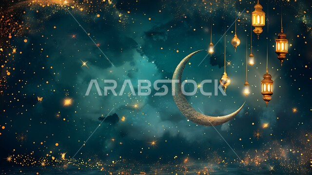مفهوم الاحتفال بالمناسبات والأعياد الدينية الاسلامية، اكسسوارت وزينة متميزة، فرحة المسلمين بقدوم شهرالخير، التصميم العصري للفوانيس والتحف التقليدية, إضاءة المصابيح المعدنية المزخرفة مع الهلال، قدوم شهر رمضان المبارك