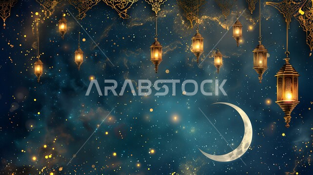 Islamic religious occasions and holidays in Saudi Arabia, Traditional Arabic metal lanterns and decorations decorated with the crescent moon, Spiritual Ramadan atmosphere, Traditional lamps and artifacts to celebrate the arrival of the month of goodness